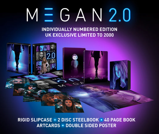 “M3GAN 2.0” movie steelbook editions displayed with art cards and a poster.
