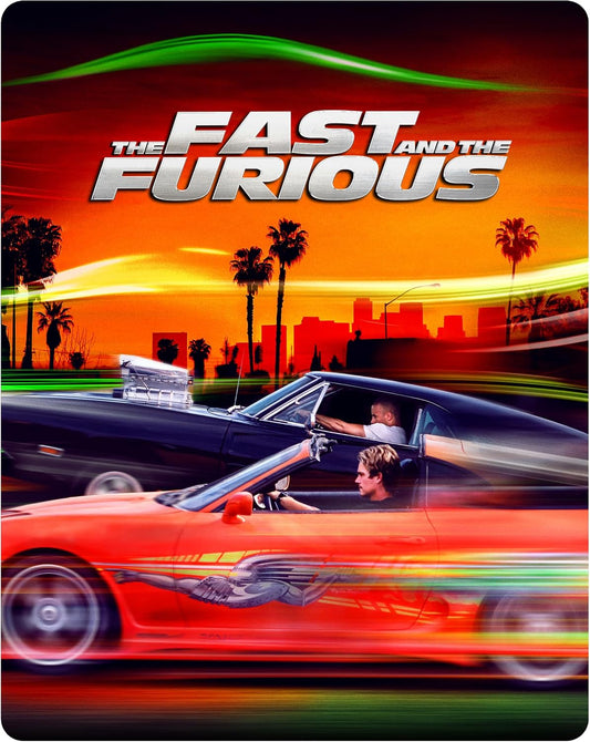 The Fast and the Furious movie poster featuring two cars racing against a sunset background.