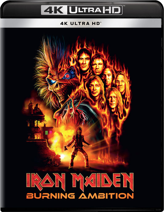 Iron Maiden "Burning Ambition" 4K UHD Blu-ray cover with band members and Eddie.