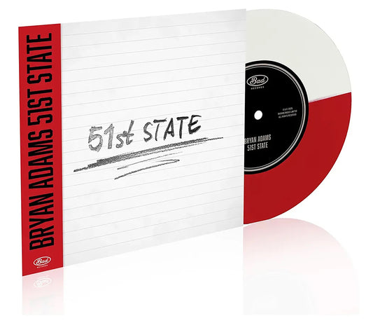 Red and white 7-inch vinyl record for Bryan Adams’ “51st State.”