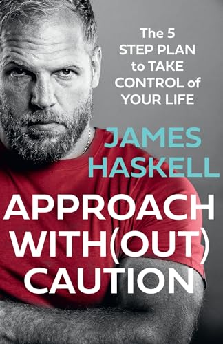 Book cover: man’s face, bold red title “Approach Without Caution” by James Haskell.