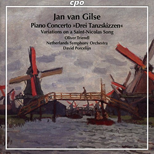 CD cover: Windmills and a figure near water, orchestral music theme.