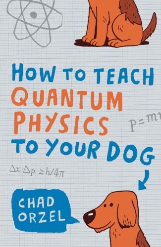 Book cover with a playful dog and physics equations on a white or light background.