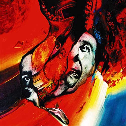 Abstract painting of a face with red, yellow, and black brushstrokes.