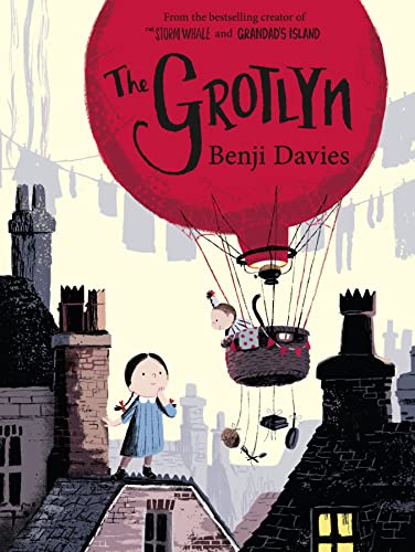 Girl watches a small hot air balloon with a doll ascend rooftops.
