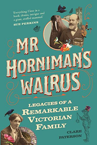 Book cover featuring a walrus, Victorian man, and family portraits.