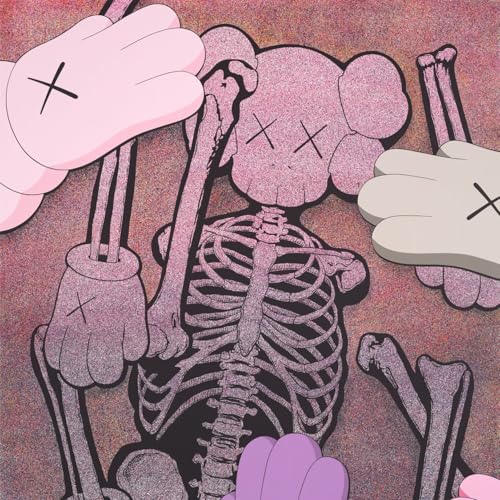 Pink cartoon skeleton with X eyes on a speckled red background.