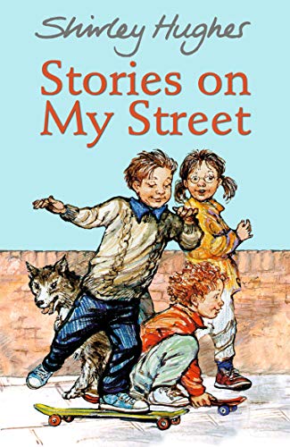 Colorful children's book cover with illustrations of kids and buildings on a suburban street.