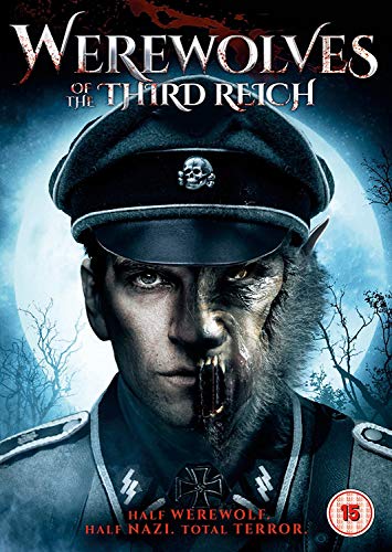 Werewolf in Nazi uniform with fangs and fur, against a full moon background.