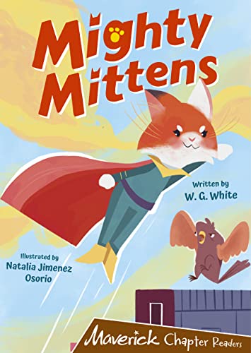 Book cover: a superhero cat flies with a squirrel, city below.