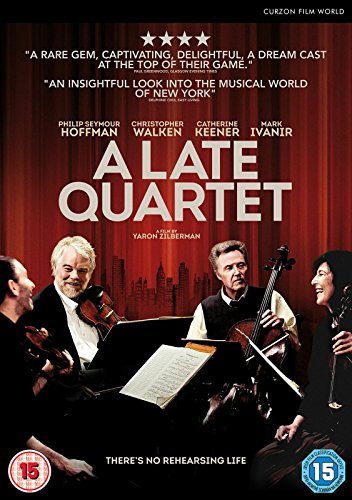 DVD cover for "A Late Quartet" featuring musicians and a red curtain.