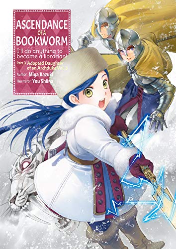 A girl in winter gear holds a glowing weapon, with two armored knights behind her.