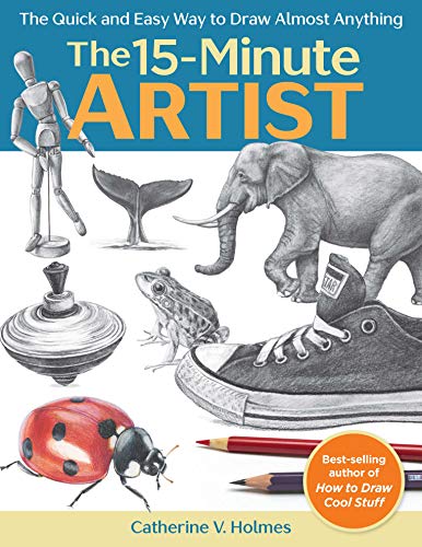 Book cover titled The 15-Minute Artist featuring pencil sketches of an elephant, shoe, and ladybug.