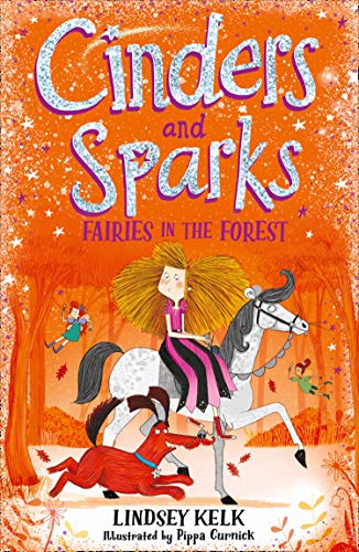 Book cover: girl riding a horse with fairies and a dog.