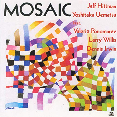 CD cover with abstract colorful mosaic pattern and artist names.