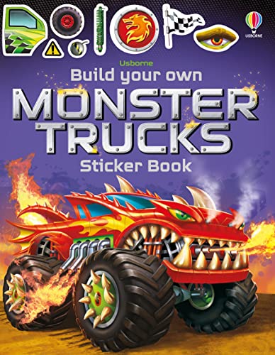 Colorful sticker book with monster trucks and construction vehicles for kids to assemble.
