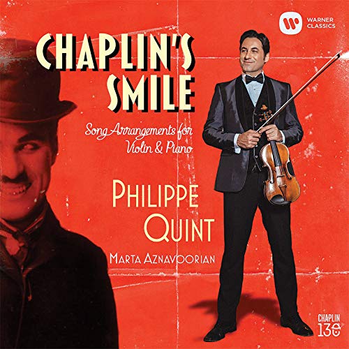 CD cover: Philippe Quint with violin, Chaplin image, red background.