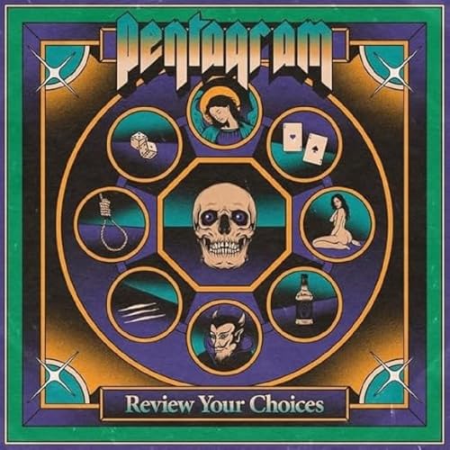 Pentagram album cover: skull, figures, and symbolic objects in circular design.