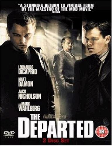 DVD cover for "The Departed" featuring Leonardo DiCaprio, Matt Damon, and Jack Nicholson.