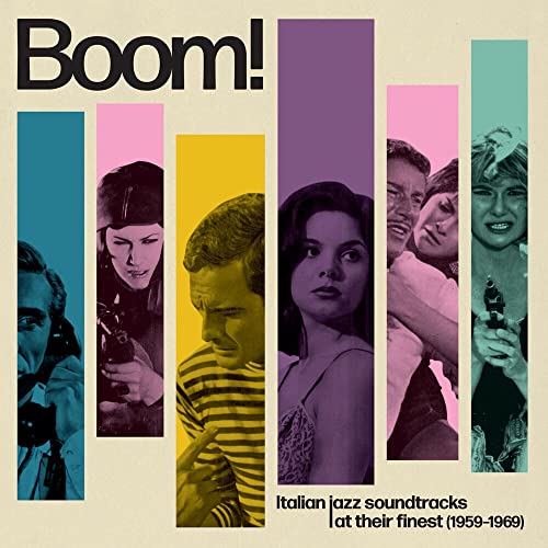 CDSleeve art with "Boom!" text and colorful vertical strips featuring vintage film stills.