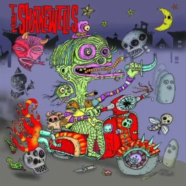 ColorfulLurid cartoonCC cartoon of a green monster riding a red motorized scooter with flames.