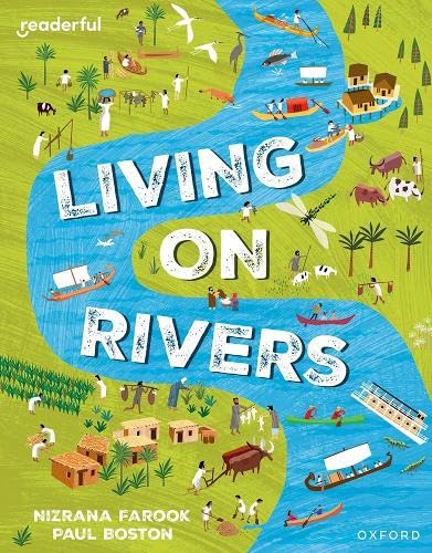 Book cover depicting a vibrant river landscape with people and animals.