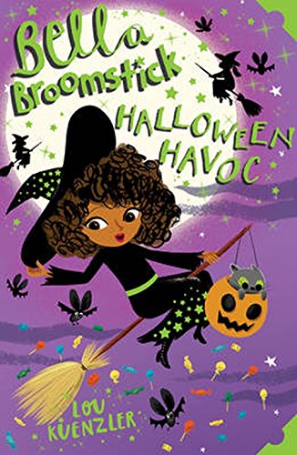 Book cover: girl with curly hair flying on a broom with a cat.