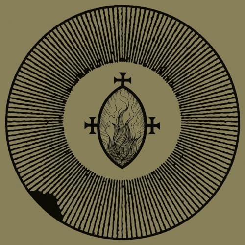 Black line art of a flame inside a pointed oval with three crosses on olive.