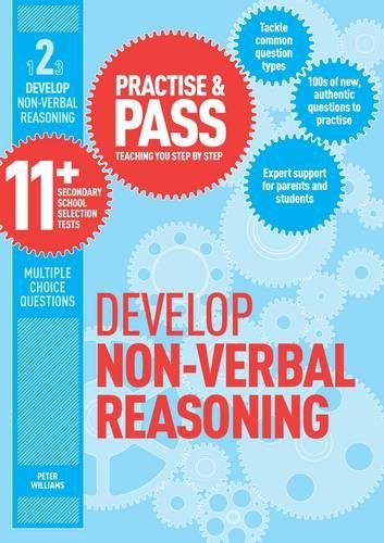 Blue and red 11+ practice book cover with gear illustrations.