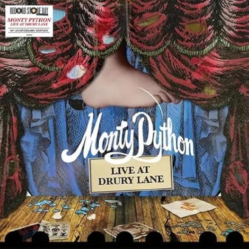 Vinyl album cover showing a foot peeking through red curtains above a stage.