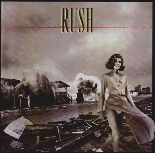 Rush "Permanent Waves" album cover: woman walking amid flood debris.