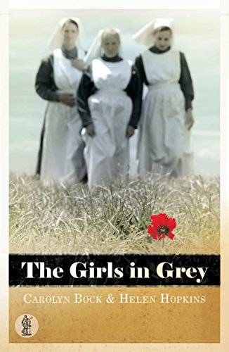Three women in grey uniforms stand in a field with a poppy.
