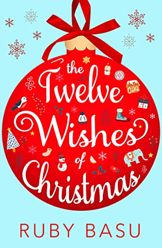 Red Christmas ornament with illustrated title “The Twelve Wishes of Christmas.”