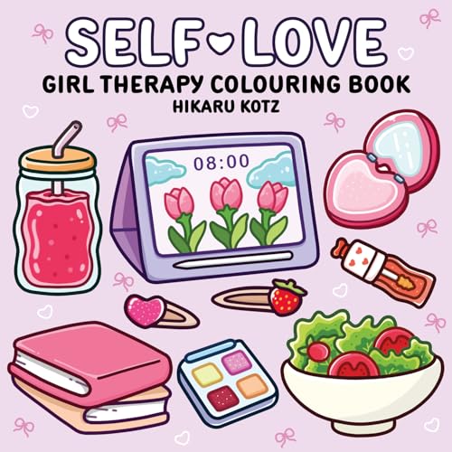 Book cover with pink illustrations of a smoothie, tablet, makeup, and salad bowl.