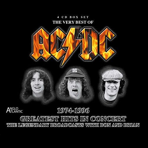 AC/DC album cover with band logo and portraits of three musicians.