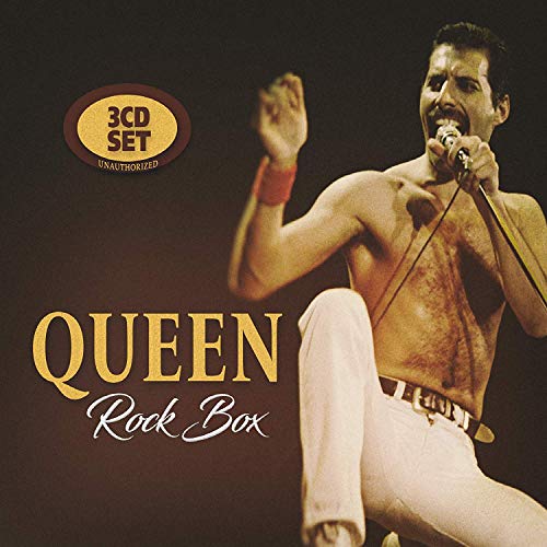 Freddie Mercury singing into a microphone, album cover for Queen’s Rock Box.