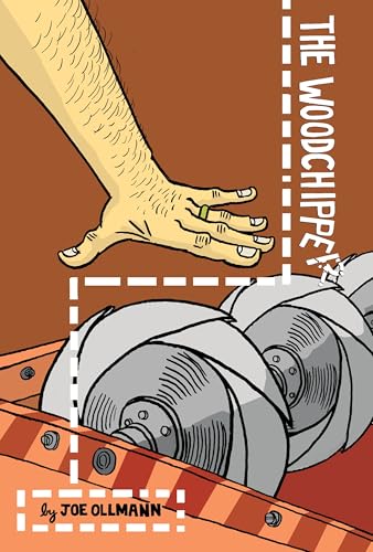 Hand reaching toward a gray woodchipper machine on an orange background.