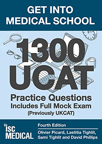 Book cover with medical symbols, UCAT title, and practice questions on a white background.