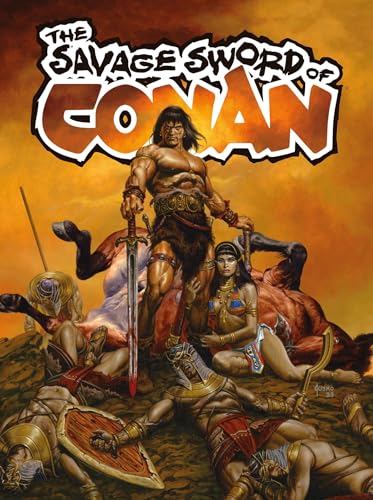 Conan the Barbarian stands over fallen warriors with a woman in a golden landscape.