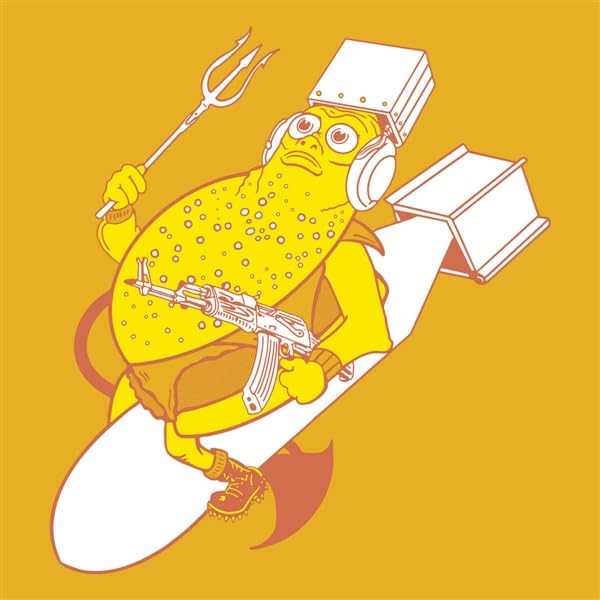 Yellow cartoon amphibian with headphones, weapon, and burger-patterned skin.
