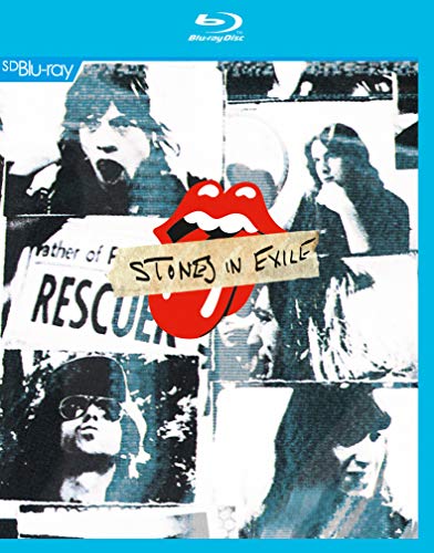 Stones In Exile" Blu-ray cover with black and white photos and red lips.