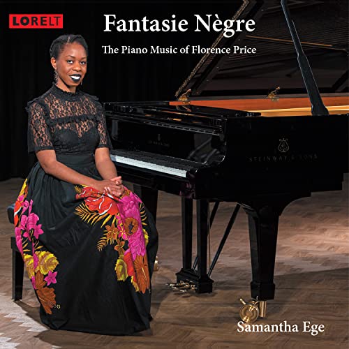 Pianist Samantha Ege seated beside a black Steinway grand piano.