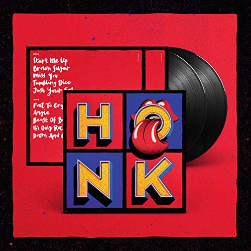 Rolling Stones “Honk” vinyl record with red cover and tongue logo.