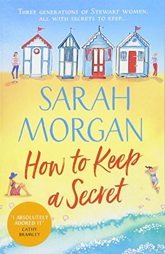 Book cover: beach huts, blue waves, and title “How to Keep a Secret.”