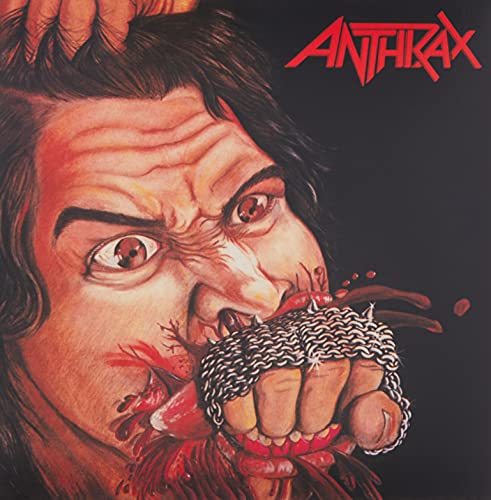 Anthrax album cover: close-up of a distressed face with chainmail hand.