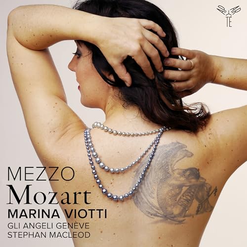 Woman with hands in hair, pearl necklace, album cover for "Mezzo Mozart.