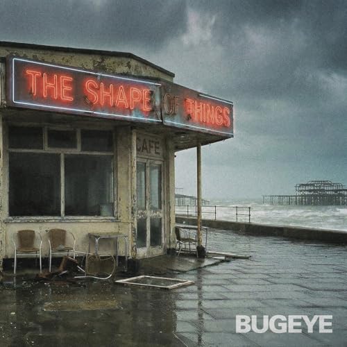 CD cover with a seaside cafe under a cloudy, grey sky.