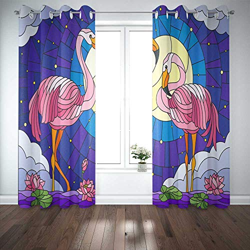 Pink flamingo and lotus flower patterned curtains hanging in a room.