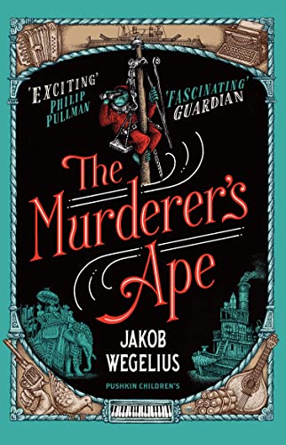 Book cover for The Murderer's Ape featuring a gorilla climbing a pole on black background.
