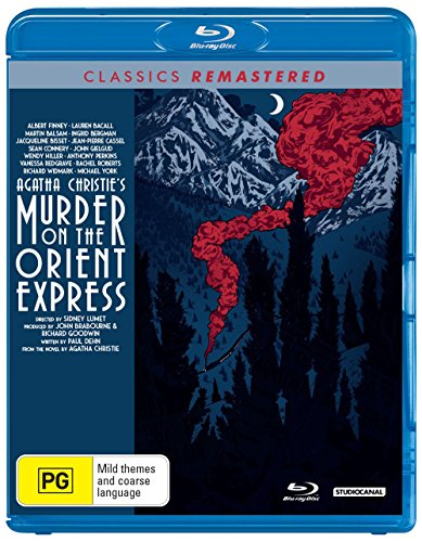 Blu-ray cover for "Murder on the Orient Express" with mountains and red smoke.